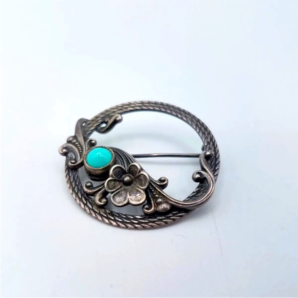 Vintage Jewelry - Antique 925 Silver Vintage Glass Cabochon Art Nouveau Brooch